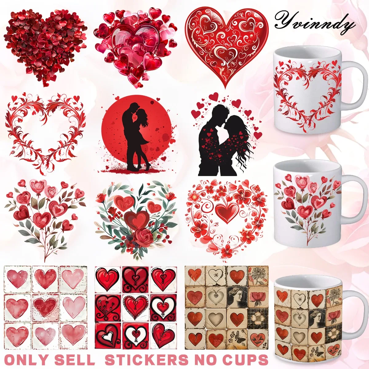 12 Stück/Set Süße Liebe und Valentinstag DIY Glasgefäß-Verpackungsaufkleber UV DTF Hochhaftende Transferfolie