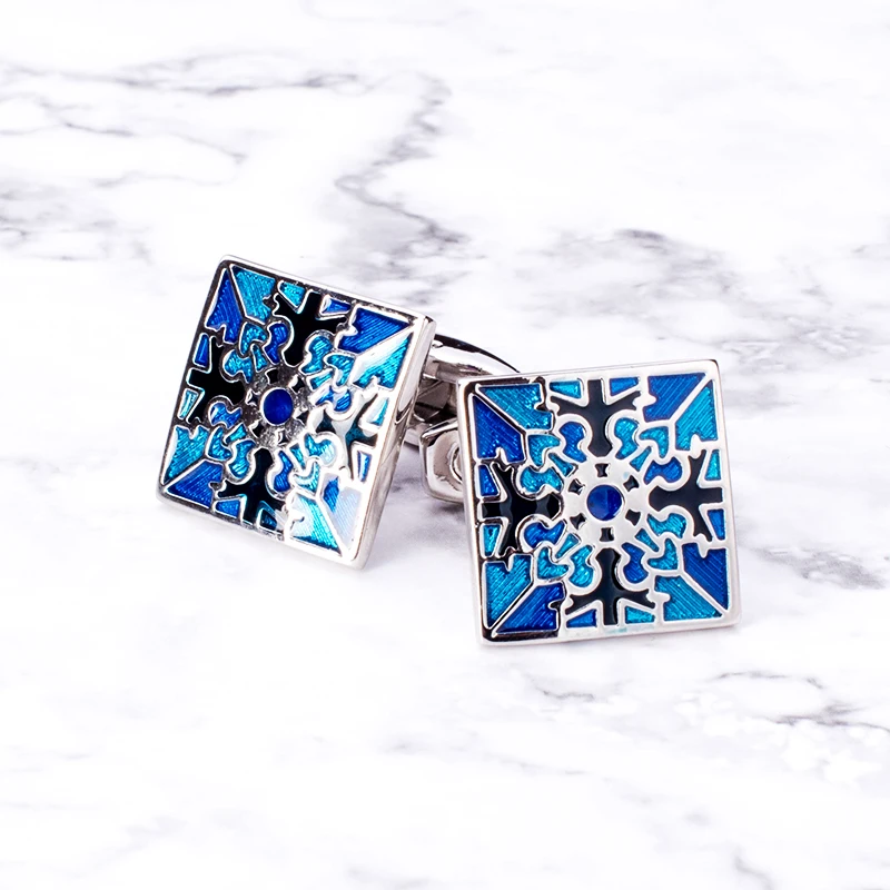 Luxury Square Cufflinks Blue Black Puzzle Pattern Cuff Button Enamel Jewelry For Mens Wedding Business French Shirt Gift