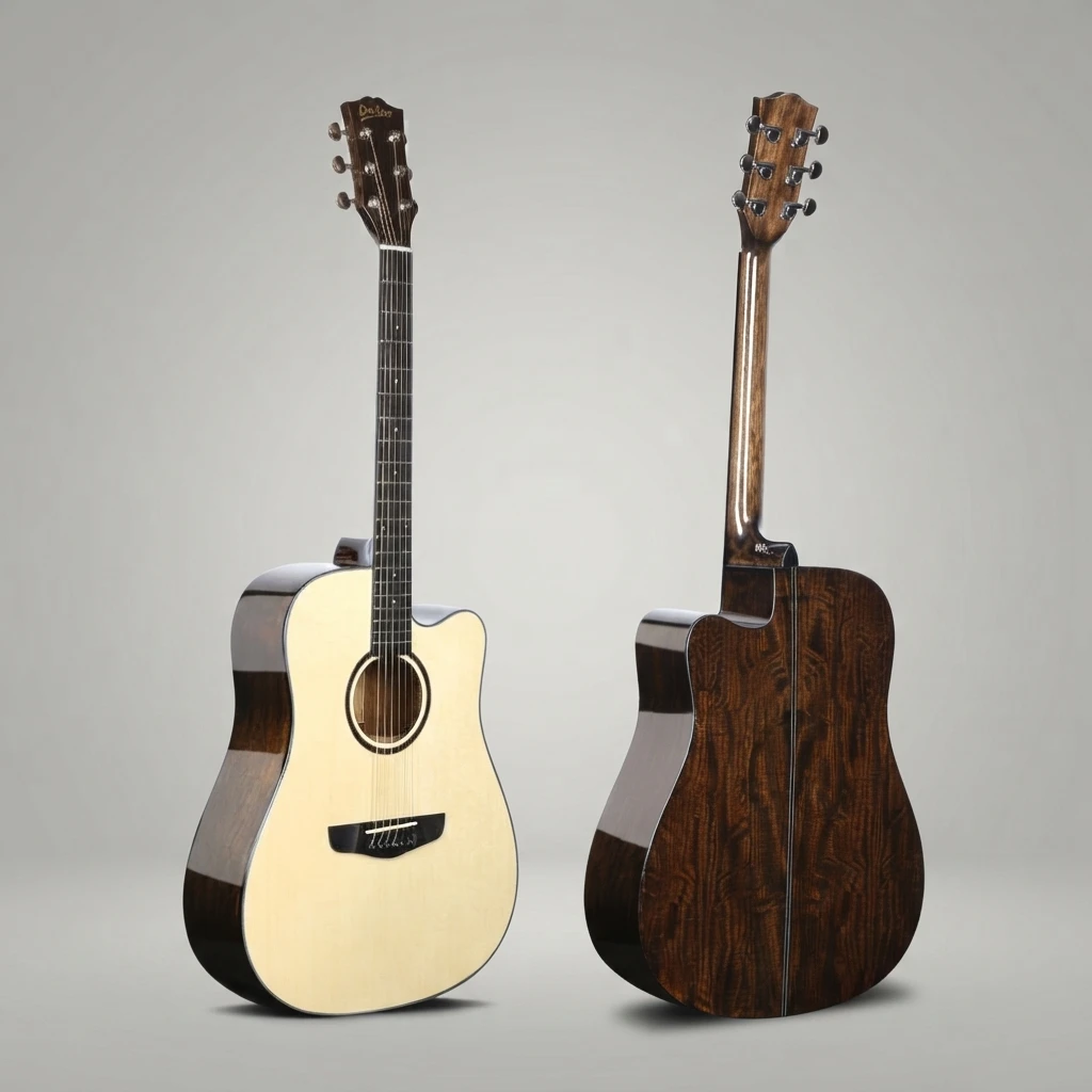 6 String Acoustic Guitar 41 Inch Cutaway Light Top Dark Back Sides Chrome Tuners Dot Inlay White Binding With Bridge Pins