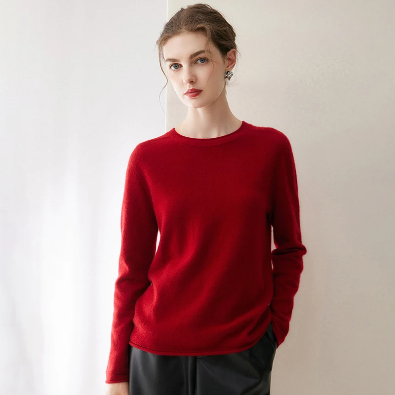 Women's Fashion Roll Sleeve round Neck Knitwear Seamless One-Piece 100% Pure Cashmere Base Layer Clothing