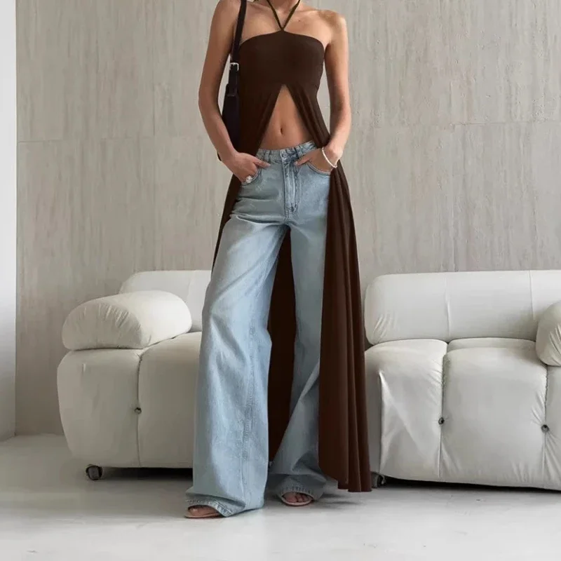 

Small and Non-contrasting Style Halter Neck, Slim, Elegant, Sleeveless Tube Top, Large Slit, Versatile Dress for Women