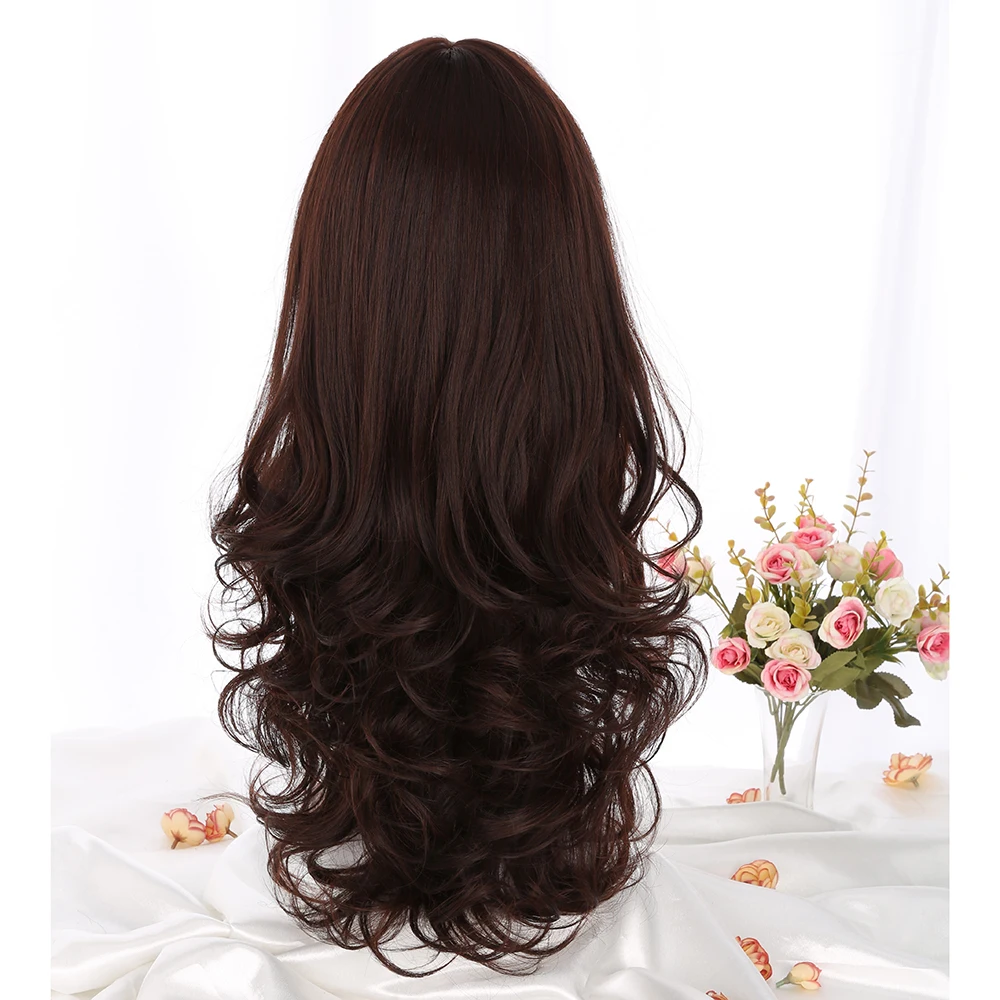 VICWIG Brown Black Gray Hair Women's Long Wavy Synthetic Wig With Bangs for Party Daily Headwear Heat Resistant