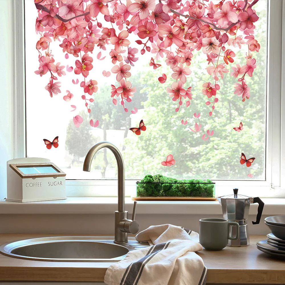 Fashion creative pink flowers butterfly glass Windows home beautification decoration electrostatic uv window stickers sold well