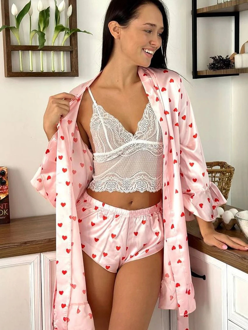 Marthaqiqi Printing Female Nightgown Suit V-Neck Pajamas Long Sleeve Sleepwear Lace Up Nightie Shorts Casual Women Nightwear Set