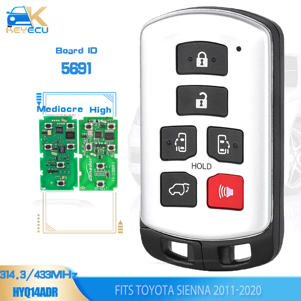 KEYECU Board ID:5691 GNE Smart Remote Key Fob 6 Button FSK 314.3MHz/433MHz ID74 Keyless Go for Toyota Sienna 2011-2020 HYQ14ADR