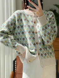 ADDONEE New Women O-neck Twist Flower Cardigan Vintage Style Long Sleeve Sweater For Spring 100% Merino Wool Cashmere Knitwear