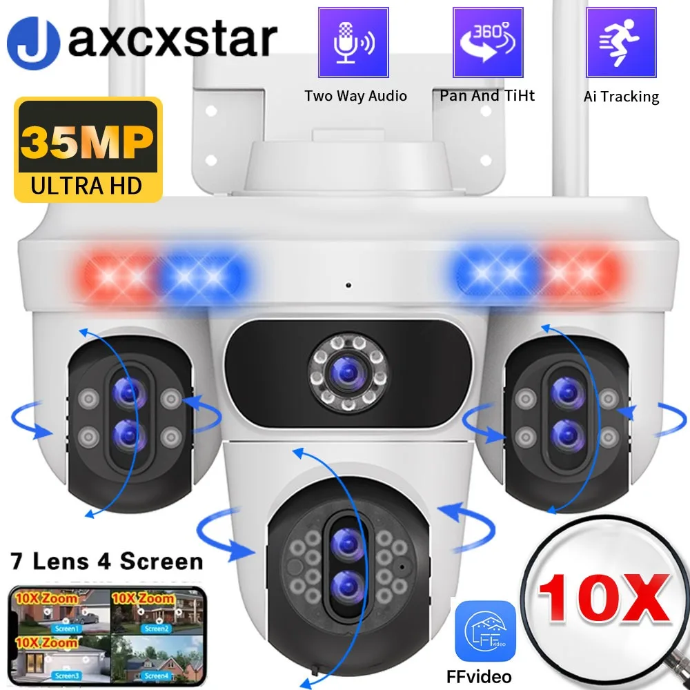 

35MP 4-screen 7 Lens 10X ZOOM WiFi PTZ Security Camera Outdoor Waterproof Automatic Tracking CCTV Surveillance Camera