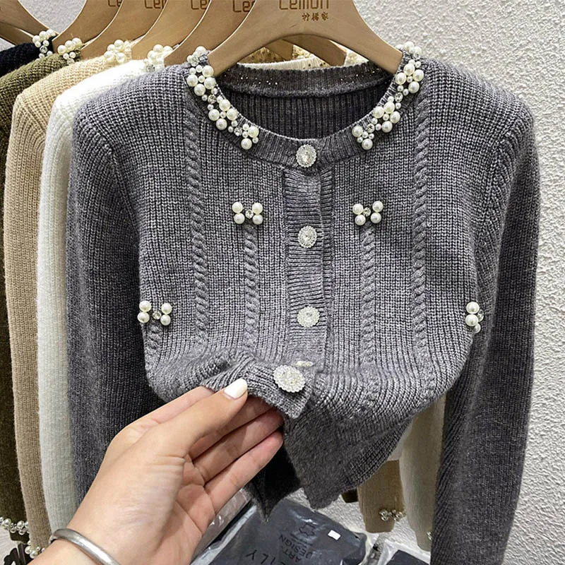 Women Clothing Chic Diamonds Luxury Pearl Short Sweaters Button Knitted French Fashion Casual Slim Cardigan Tops