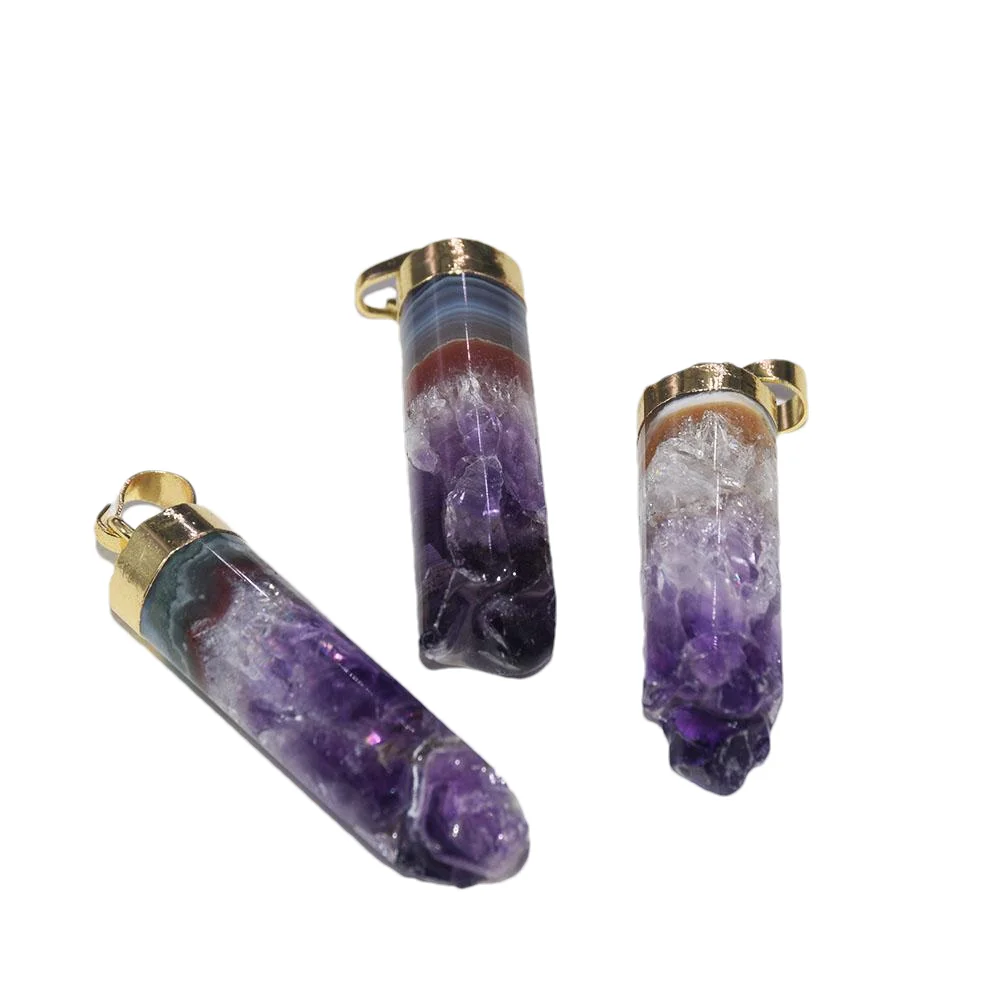 Fashion Jewelry Natural Geode Druzy Amethyst stone pendant female Gold Plated Crown Purple Crystal Quartz healing 5pc