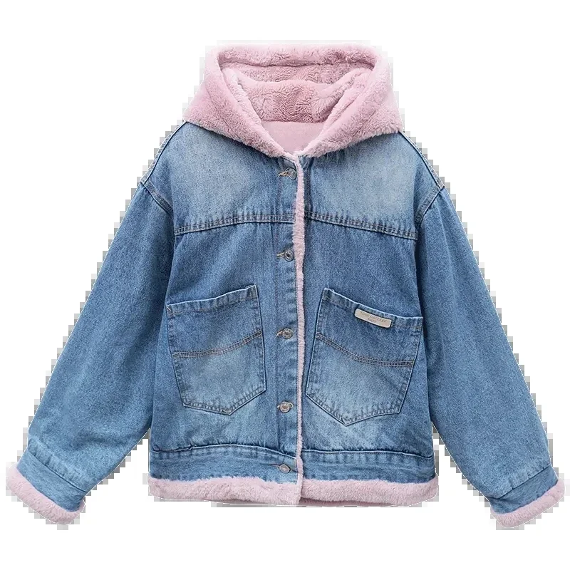 Warm hinzufügen samt gepolsterte Kapuzen-Jeans jacke Damen Herbst Winter neue koreanische Version Lamm Kaschmir lose kurze Freizeit mantel