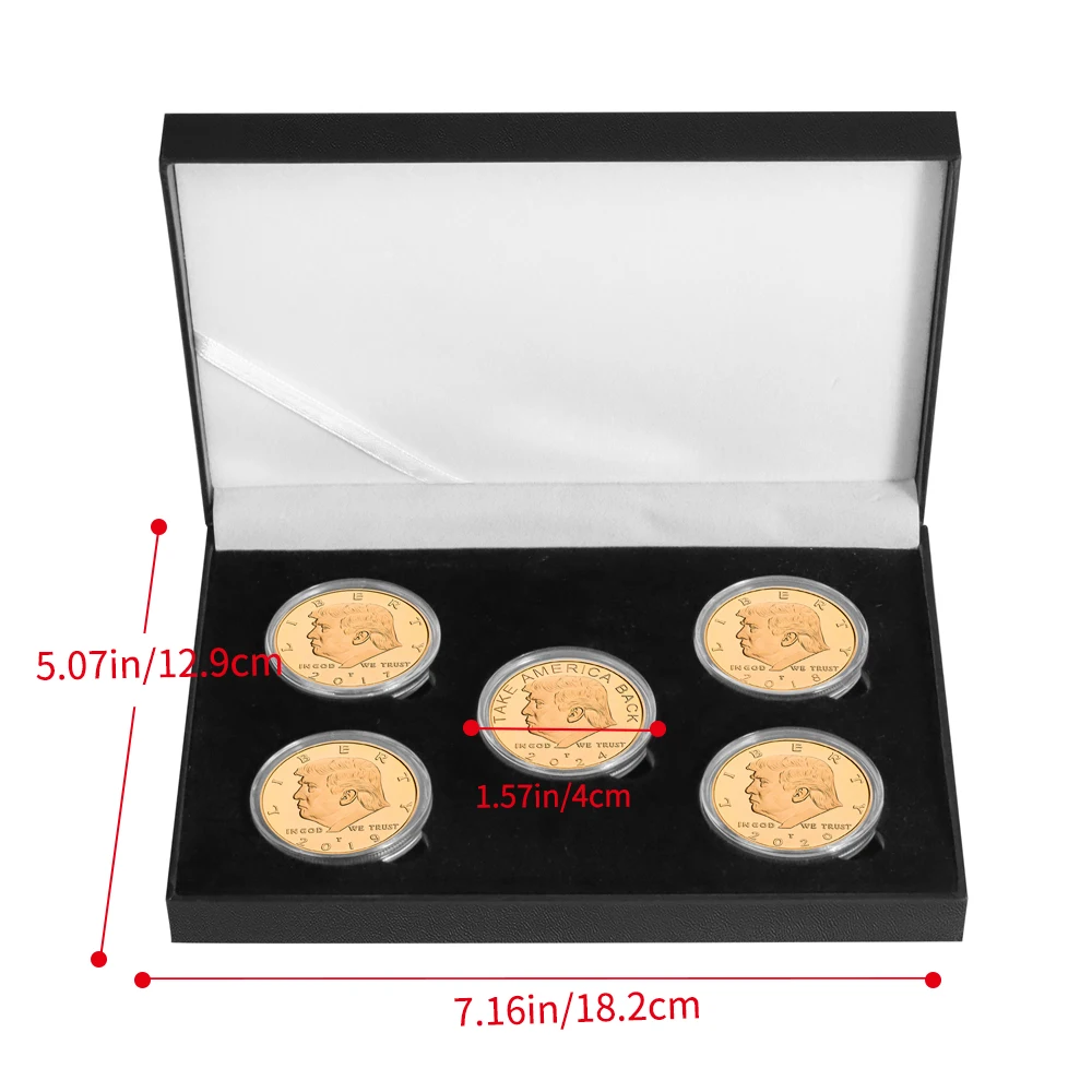 5pcs Donald Trump Gold Commemorative Coins Gift Box Set US President Supporter Medal Souvenir Coin Holiday Gifts for Men Dad