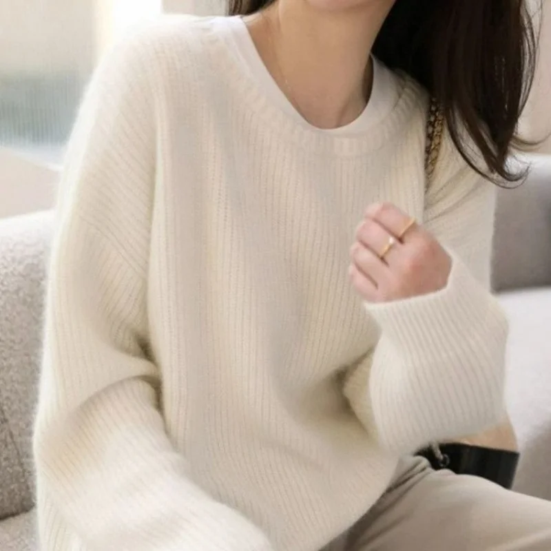 Y2K Women Solid Elegant Sweater Pullovers Chic O-neck Long Sleeve Knitted Sweaters Autumn Office Female New Fashion Casual Tops