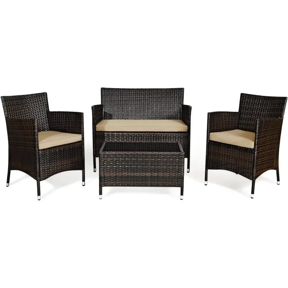4-piece Rattan Courtyard Furniture Set, Outdoor Rattan Chair with Coffee Table, Rattan Mat Conversation Set
