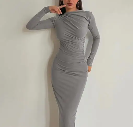 فستان جديد لربيع وخريف 2025 أنيق ومثير بقصة ضيقة ونمط راقي بلون سادة ومزاج طويل على الورك للنساء #3