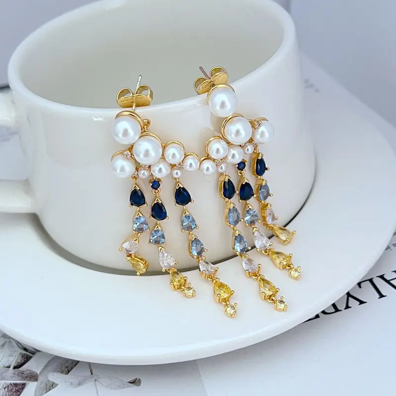 

Edward Era Retro Pearl Jewelry For Women 14K Gold Filled Blue Gemstone Cultured Pearl Tassel Exaggerated Dangle Earring Bijoux