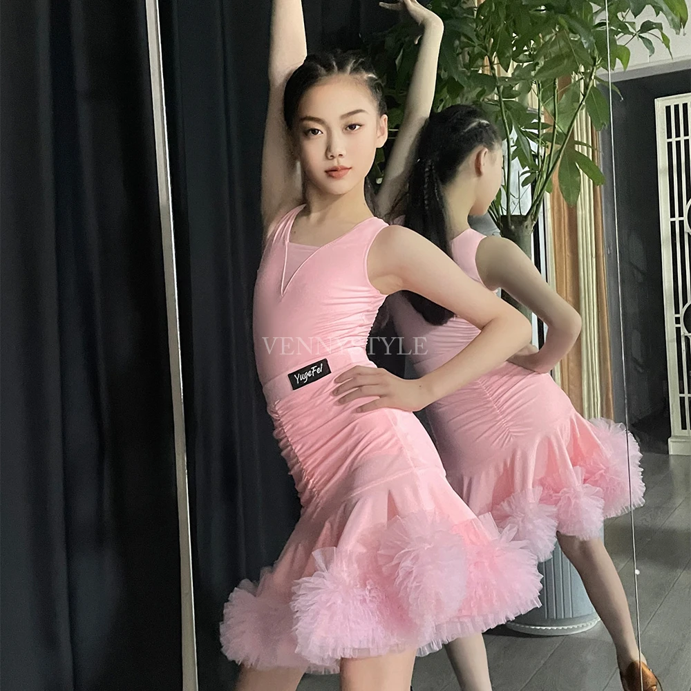 ベニースタイル ラテンダンスドレス ピンク オフショルダートップス フレアスカート付き 練習用 パフォーマンスセット ガールズ ラテンダンス衣装