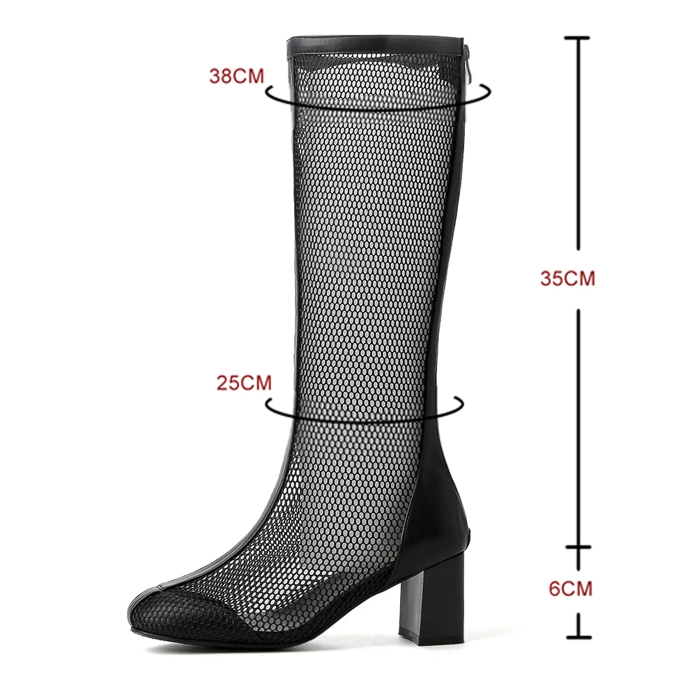 Cutouts Knee High Boots Summer Mesh Grid 6cm Chunky Heels Sandal Boots Black Apricot Sexy Big Size Shoes 2023 New