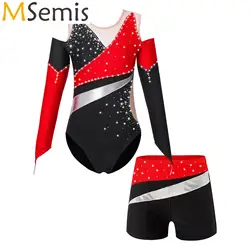 Kids Girls Long Sleeve Ballet Jersey Dance Costumes Shiny Rhinestone Gymnastics Artistic Skating Dance Leotards with Shorts