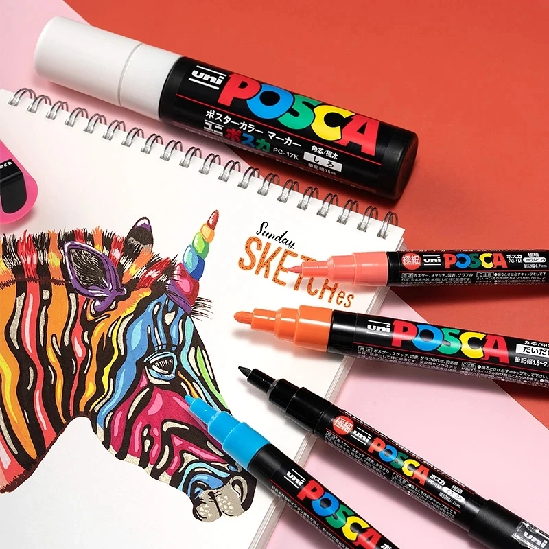 Posca Markers 8/17K, UNI CHISEL TIP Acrylic Marker Pens for School, Rock Art Fabric Paint Rubber Graffiti Japan Manga Stationery