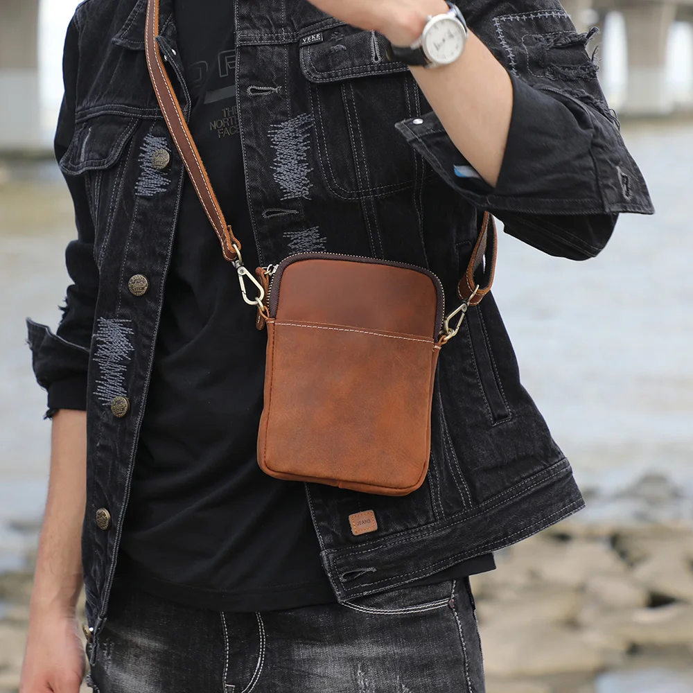 S.WORKER Vintage Echtleder-Umhängetaschen Crazy Horse Handgefertigte Mini-Tasche für Telefon, Karten und Schlüssel – Detail 6