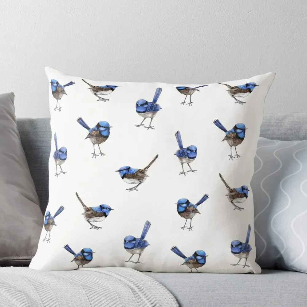 

Blue Wrens, Scattered on White Throw Pillow Sofa Cushion Cover Cushions Home Decor