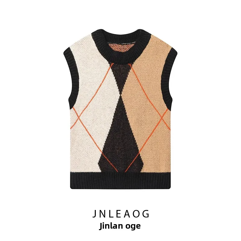 

JNLEAOG Faionable Knitted Vest Top Diamond Pattern Women's Wear Autumn New Sle Loose Fit Polyester Fiber No Sve