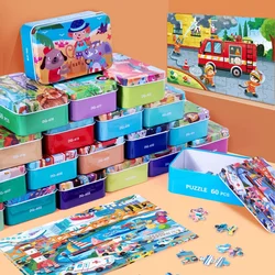 Rompecabezas de madera de dibujos animados para niños, juguete de rompecabezas con caja de hierro, juguetes educativos para bebés, regalo para niños, 60 piezas