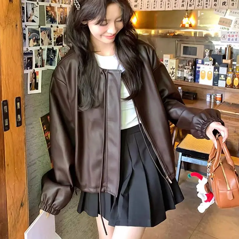 Korea Chic Solid Color Cropped Leather Jacket Fashion Women\'s Pockets Long Sleeves Short Coat Lady Autumn High Streetwear