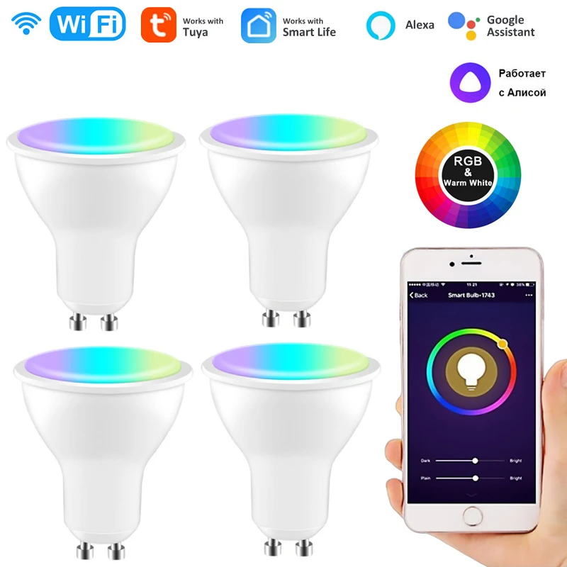 

TUYA Wifi Smart Bulb GU10 Spotlight RGB+CCT 100-240V 4W Dimmable LED Lamp Bulb,smart Life App Alexa Google Home Yandex Alice