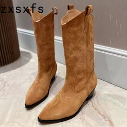 Classic Real Suede Mid calf Boots Women Embroidered Point toe Chunky Heel Long Boots Quality Winter Cowboy Knight Boots Female