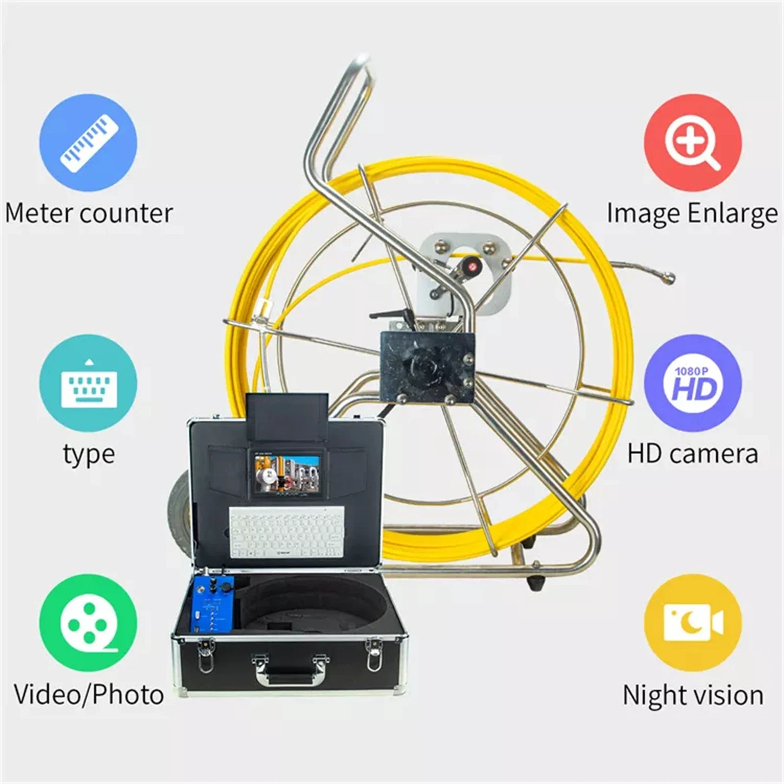 9mm Cable Pipe Inspection Camera, SYANSPAN 9inch Screen Sewer Drain Industrail Endoscope Meter Counter Video Recording+Keyboard