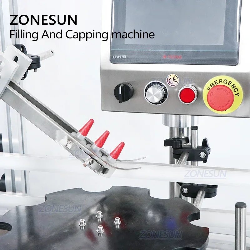 ZONESUN ماكينة تعبئة وتغطية العطور السائلة ذات 4 رؤوس أوتوماتيكية مع وحدة تغذية الغطاء لخط الإنتاج