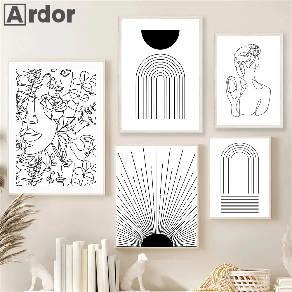 

Abstract Geometric Rainbow Line Posters Woman Faces Flowers Canvas Painting Black White Wall Art Print Picture Living Room Decor