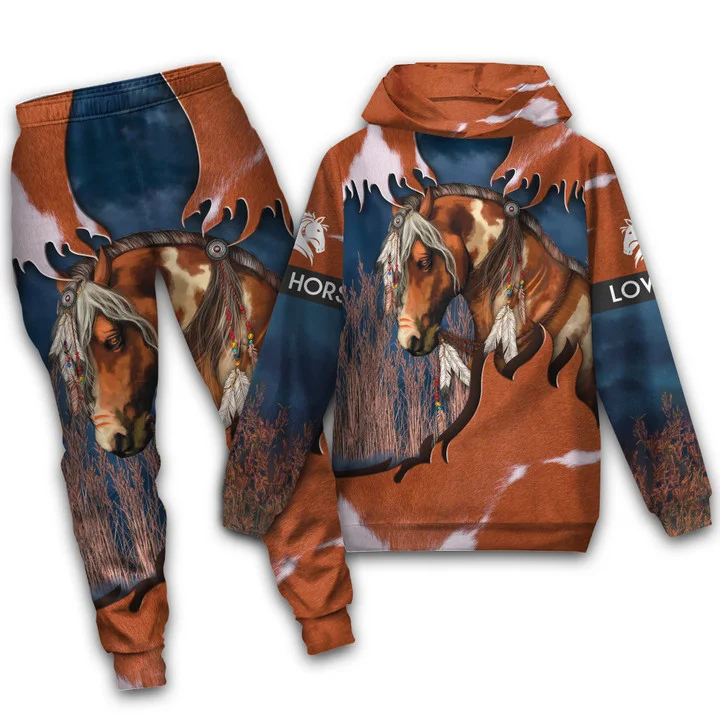 Dierlijk paardpatroon 3D-print 2-delige set Gestreept geruit Mode Ademend Heren Hoodies met lange mouwen Broek Tweedelige joggingpakken