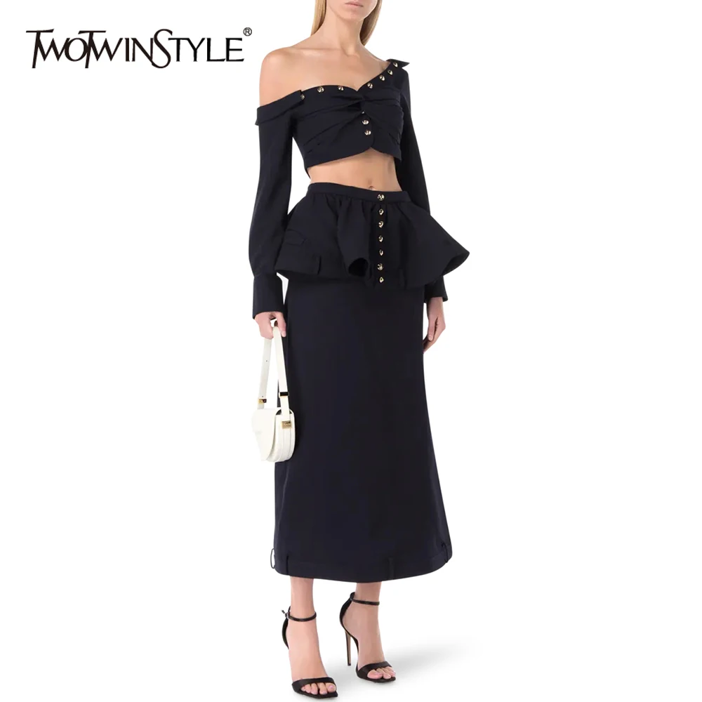 TWOTWINSTYLE Solid Temperament Two Piece Set For Women Slash Neck Long Sleeve Top High Waist Slimming Skirt Chic Set Female New