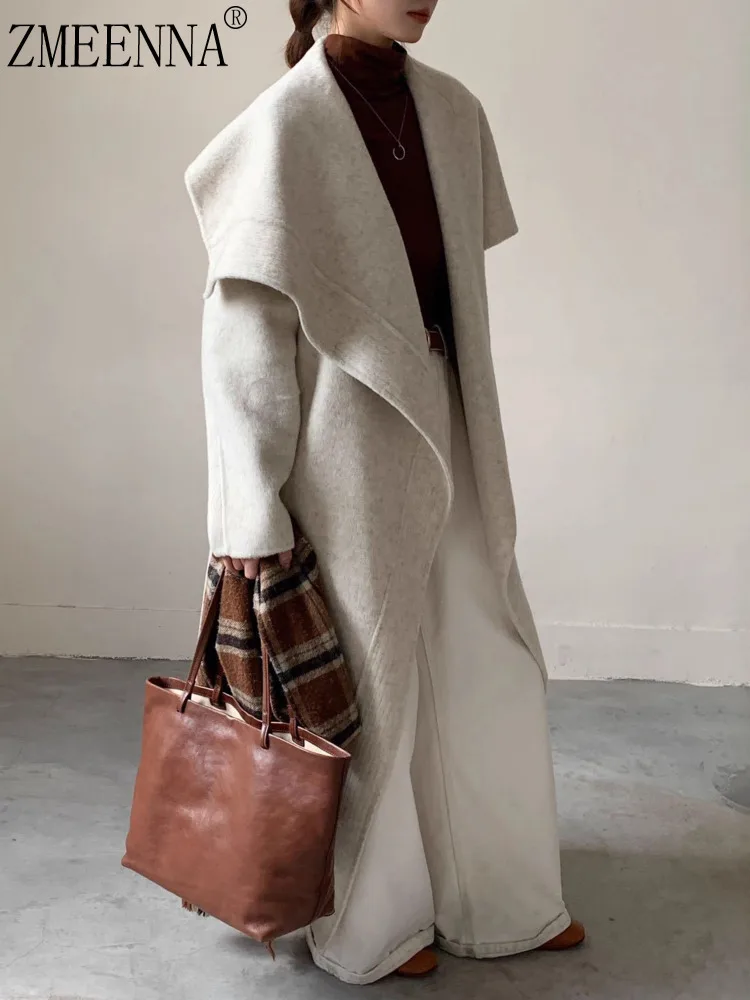 ZMEENNA レディース ロング ウール ブレンド コート 大きなショールカラー付き オープンフロント 暖かい冬用アウター ルーズフィット スタイル エレガント ZM4392