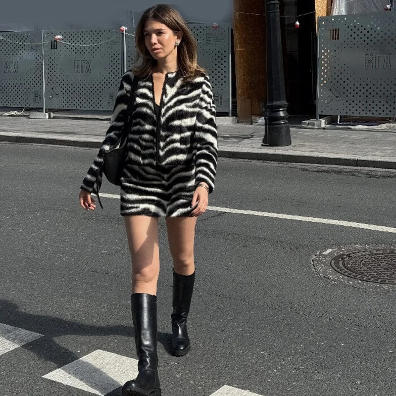 Y2K Zebra Print 2 Piece Set Women Faux Fur Slim Fit Short Jacket Mini Skirt Matching Outfit Street Party Date Ladies Skirt Set