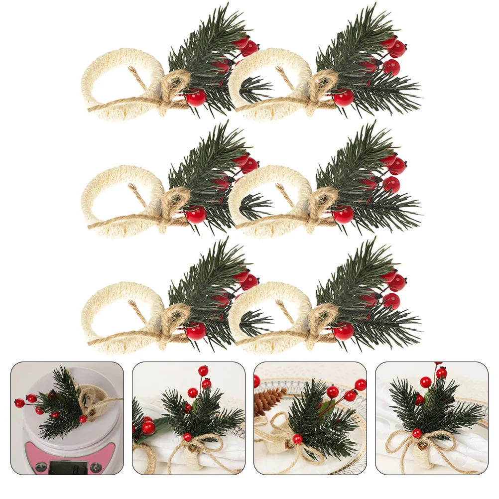 

6pcs Christmas Napkin Rings Berries Wreath Design Imitation Berry Napkin Holders Flax Fabric Table Decoration Serviette Buckles