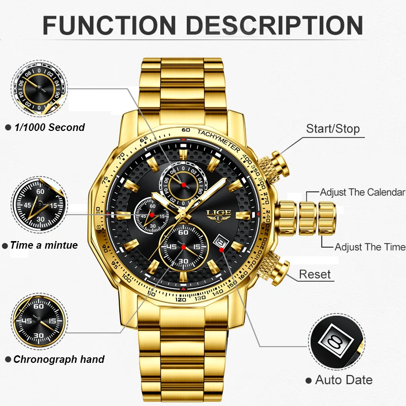 LIGE New Gold Quartz Watches For Men Military Sport Waterproof Big Dial Watch Men Fashion Business Date Chronograph Montre Homme