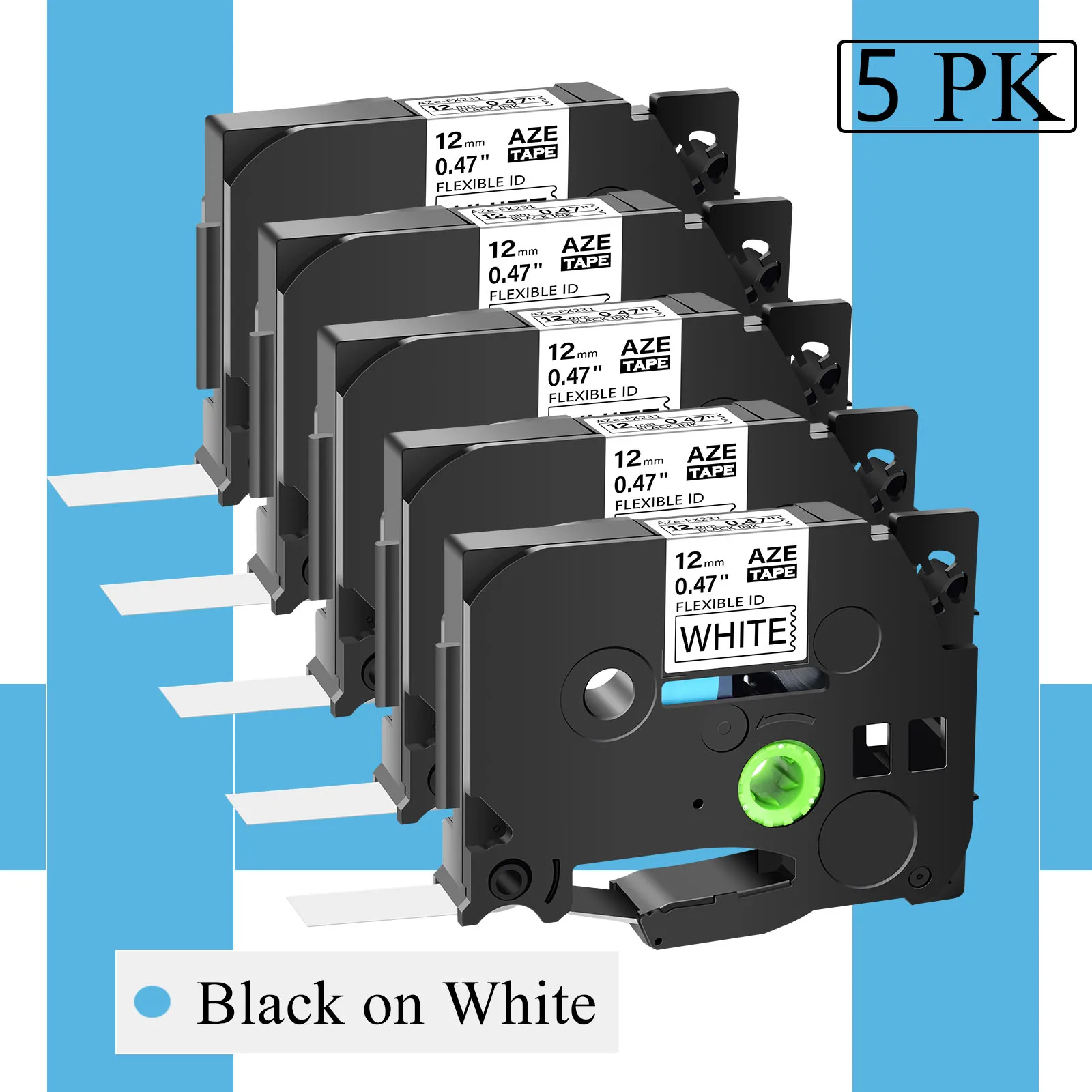 

5PK 12mm Flexible ID Laminat Compatible Brother TZe-FX231 Label Tape Black On White Cartridge Cassette For P-Touch Label Printer