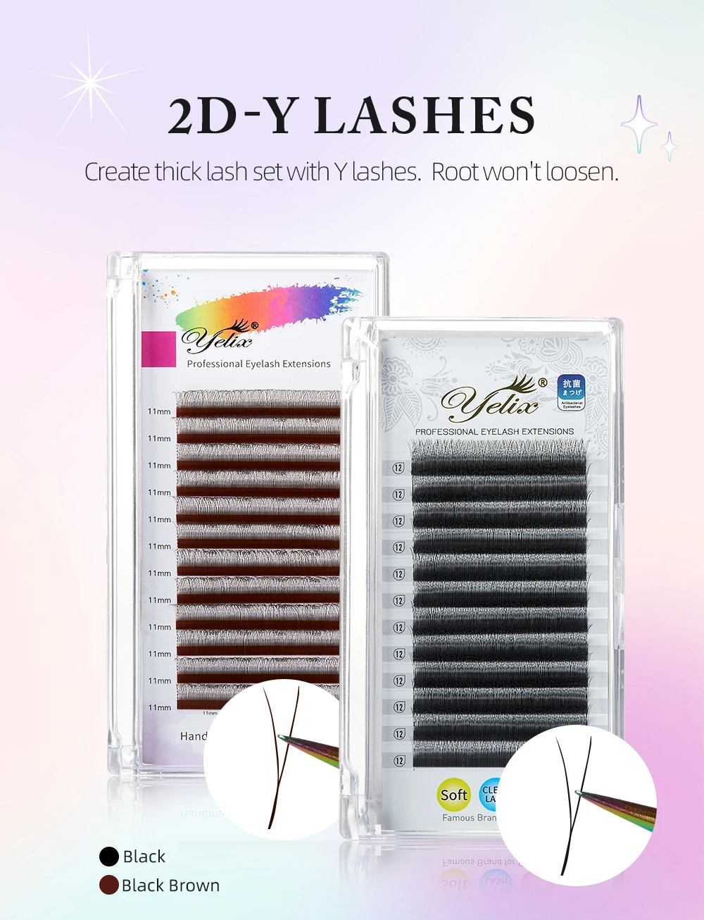 Yelix Neue 2D-Volumen-Wimpern, dunkelbraun, ultradünn, Y-Wimpernverlängerung, leicht, vorgefertigte Fächer, Wimpernverlängerung, 1D Y-Wimpern – Detail 4