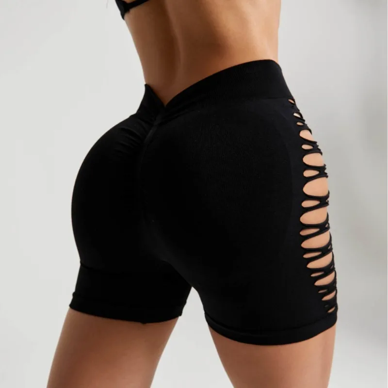 

Летние спортивные шорты с вырезами, бесшовные вязаные леггинсы для тренировок в тренажерном зале, эластичные шорты с высокой талией, сексуальные спортивные штаны для поднятия бедер