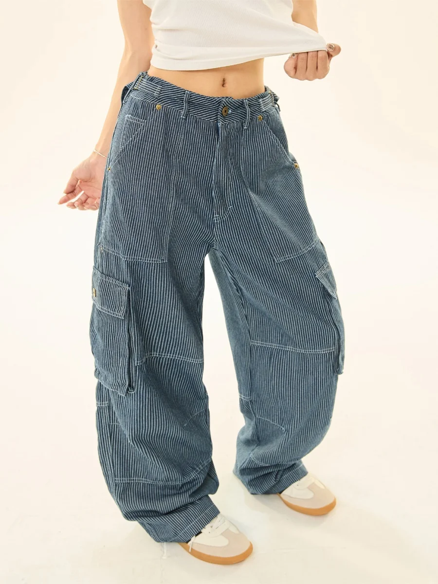 Vêtements de travail rétro américains, jean rayé à jambes droites, pantalon décontracté ample à jambes larges pour hommes et femmes