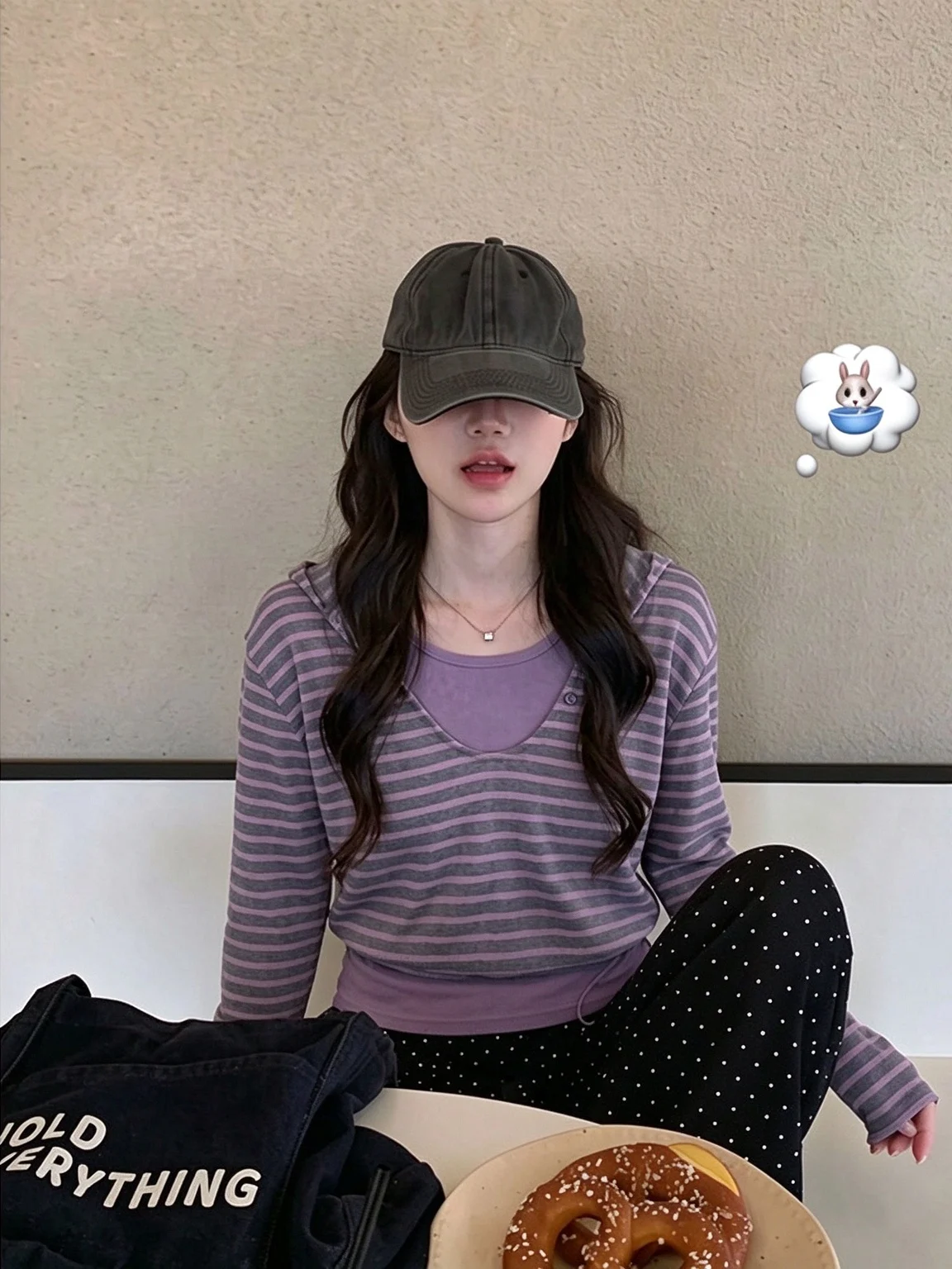 Korean Style Purple Striped Hoodie Women's Early Autumn Long Sleeve Layered Wear Design Sense Hat Sweatshirt Top