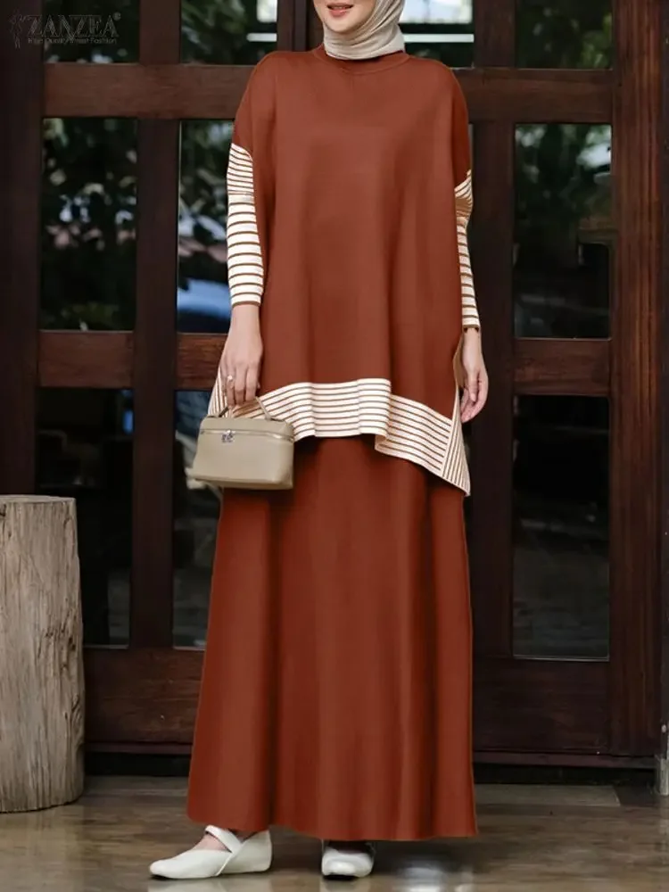 ZANZEA 2025 automne à manches longues Patchwork Blouse jupe costume tricoté ensembles assortis tenue d'hiver mode femmes musulmanes 2 pièces ensembles