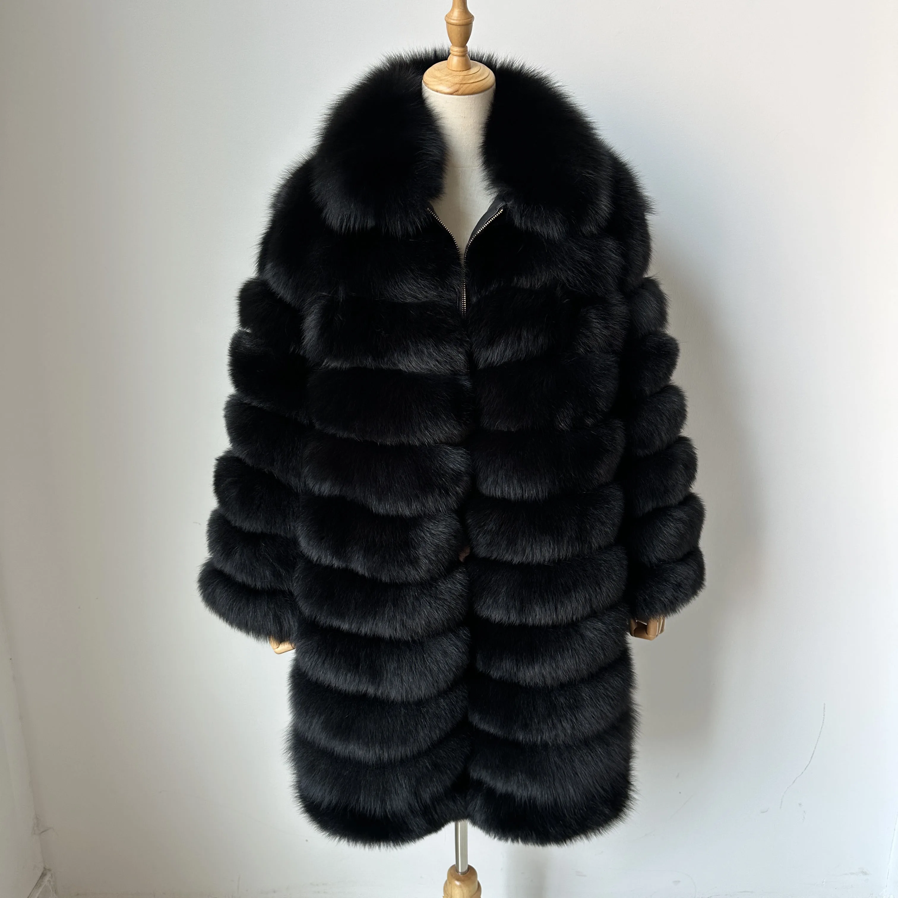 New Fashion Black Real Fox Fur Coat Long Style Women Plus Size Fluffy Fur Jacket With Zipper Winter Female Casual Outerwear