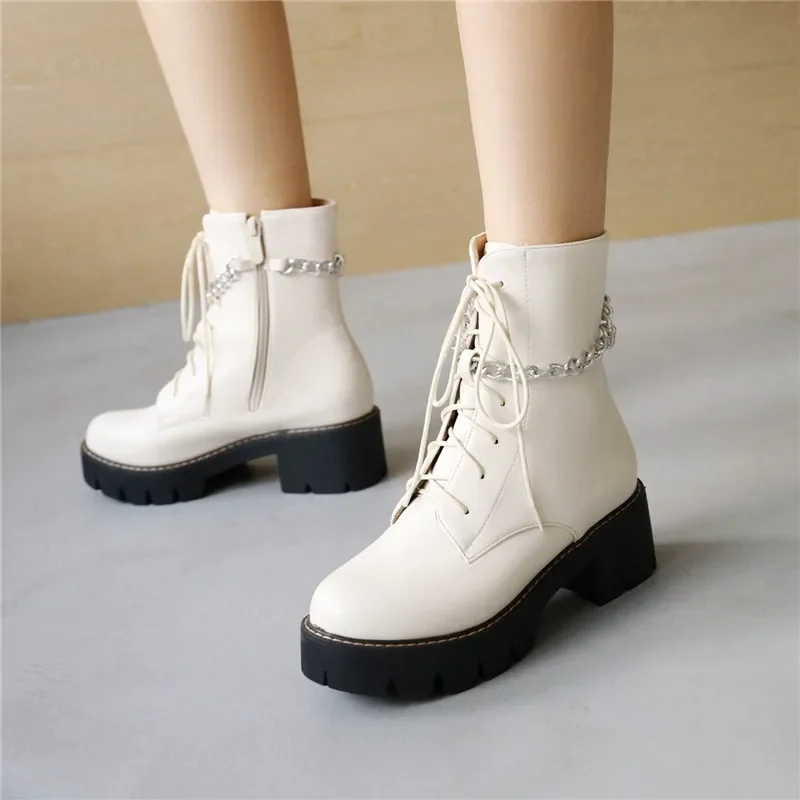 

YMECHIC Winter Autumn 2025 Punk Style Chain Ankle Boots for Ladies Platform Zipper Cross-tied Party Shorty Women Shoes White