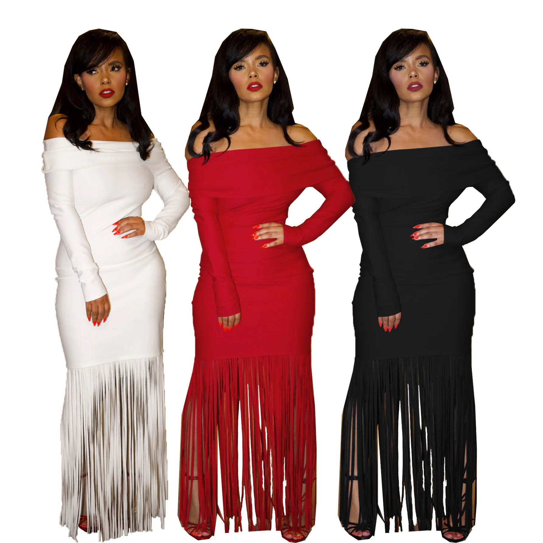

Women's Sexy One Shoulder Temperament Slim Fitting Tassel Wrapped Hip Long Sleeved Off Shoulder Wrapped Chest Evening Dress