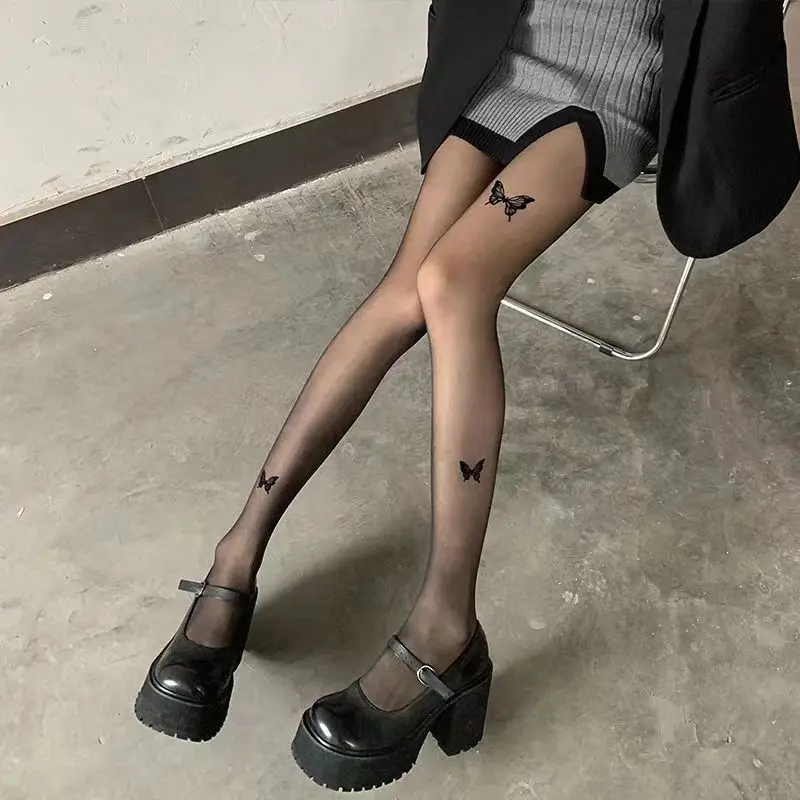 Sexy Butterfly Tights Vintage Y2K Fake Tattoo Butterfly Black Transparent Silk Pantyhose Women Lolita Summer Ultra-thin Stocking image 4