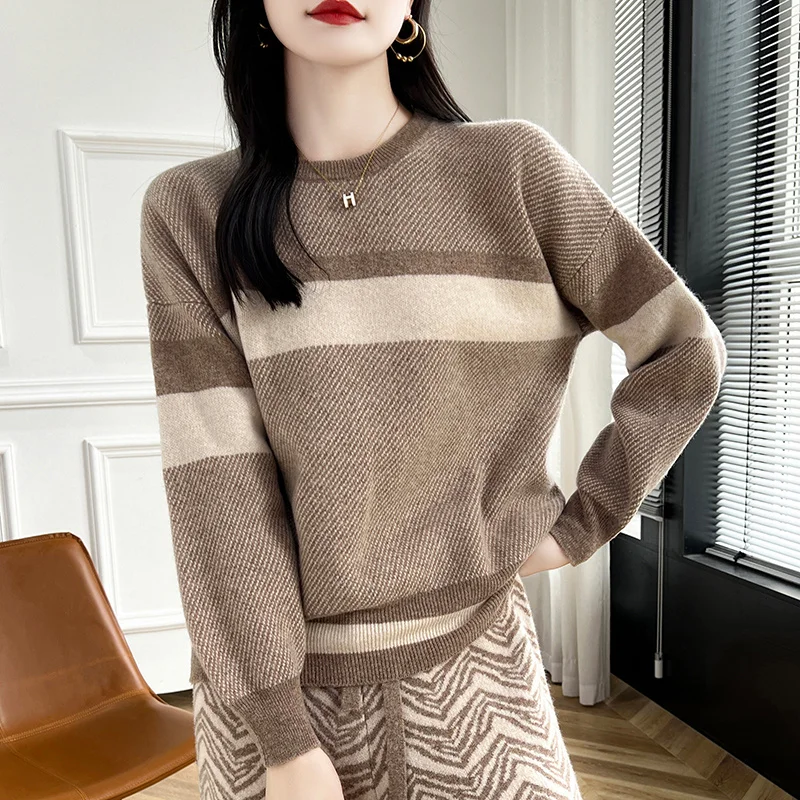 

Women' Large Size 100%Merino Wool Knitted Sweater Autumn and Winter New Loose Color Matching Blouse Fashion Warm O-Neck Pullover